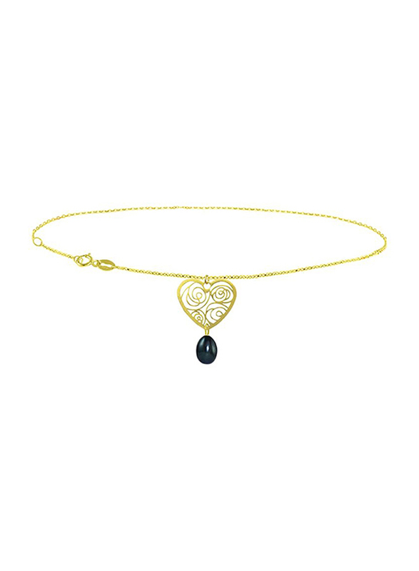 Vera Perla 18K Solid Yellow Gold Chain Bracelet for Women, with Heart and 7mm Drop Pearl Stone, Gold/Black