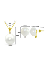 Vera Perla 2-Pieces 18K Gold Pendant Necklace and Earrings Set for Women, with 0.06ct Diamonds and 9-10 mm Pearl Stone, White