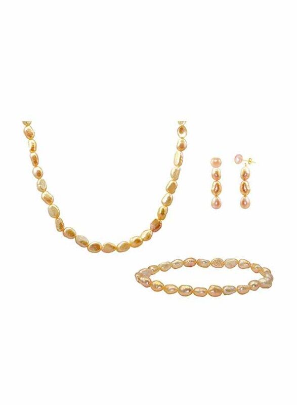 

Vera Perla 3-Pieces 10K Gold Jewellery Set for Women, with 37cm Necklace, Bracelet and Earrings, with Pearl Stones, Rose Gold