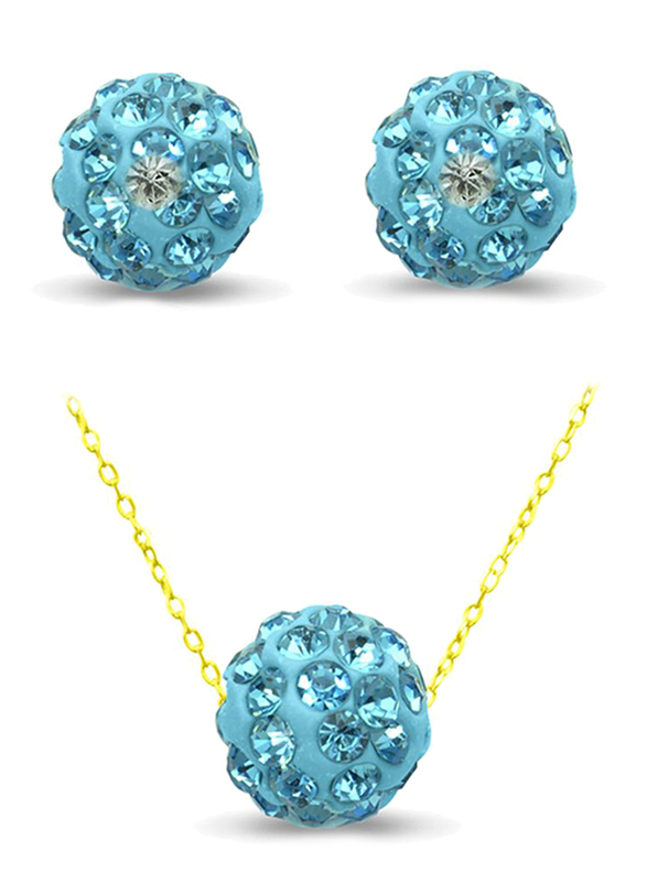 Vera Perla 2-Pieces 10K Solid Gold Jewellery Set for Women, with Necklace and Earrings, with 10 mm Crystal Ball, Gold/Blue