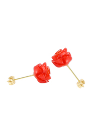 Vera Perla 18K Gold Rose Stud Earrings for Women, with Coral Stone, Coral