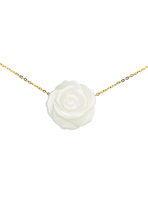 Vera Perla 18K Yellow Gold Chain Necklace for Women, with Rose Carved Mother of Pearl Stones, Gold/White