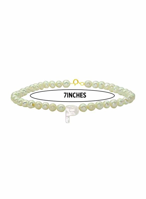Vera Perla 18K Gold Strand Beaded Bracelet for Women, with Letter P Mother of Pearl and Pearl Stone, White