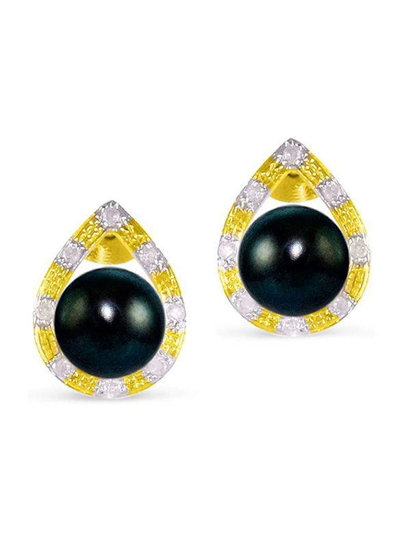 Vera Perla 18K Solid Gold Simple Balls Earrings for Women, with 0.16 ct Diamonds and 7mm Pearl Stone, Gold/Silver/Black