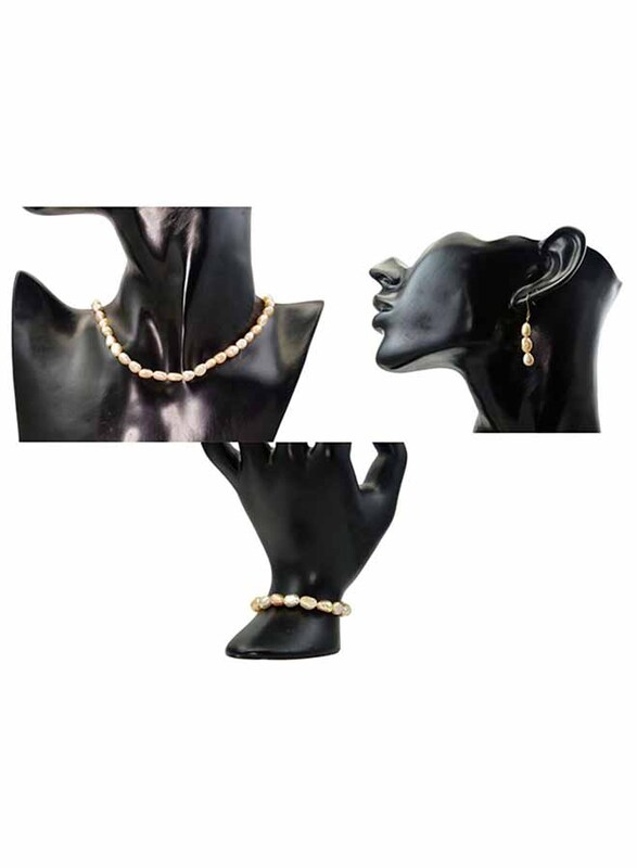 Vera Perla 3-Pieces 10K Gold Jewellery Set for Women, with 37cm Necklace, Bracelet and Hoop Earrings, with Pearl Stones, Rose Gold