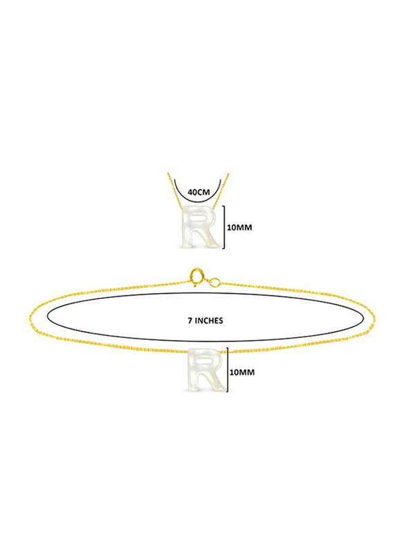 Vera Perla 2-Pieces 18k Yellow Gold R Letter Jewellery Set for Women, with Necklace and Earrings, with Mother of Pearl Stone, Gold/White