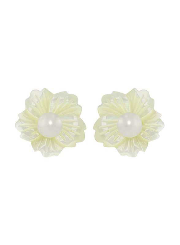 Vera Perla 18K Solid Yellow Gold Screw Back Earrings for Women, with 19mm Flower Shape Mother of Pearl and 6-7mm Pearl Stone, White