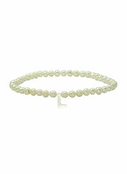 Vera Perla Elastic Stretch Bracelet for Women, with Letter L Mother of Pearl and Pearl Stone, White
