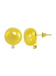 Vera Perla 18K Gold Earrings for Women, with 0.04 ct Diamonds and 9-10mm Pearl, Yellow