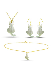 Vera Perla 3-Pieces 18K Gold Jewellery Set for Women, with Necklace, Earrings and Bracelet, with 16mm Kitty Back Shape Mother of Pearl Stone, White