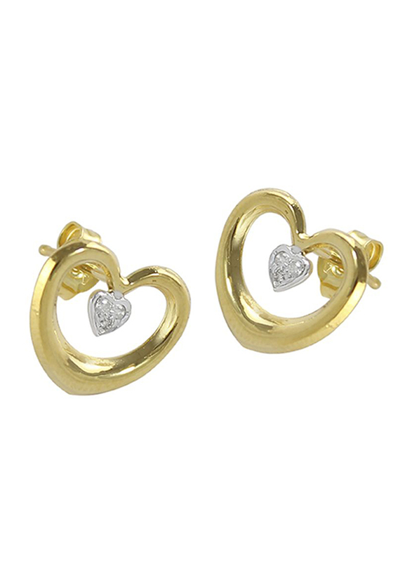 Vera Perla 18K Gold Stud Earrings for Women, with Hollow Heart in Heart 0.06 ct Diamond, Gold/Clear