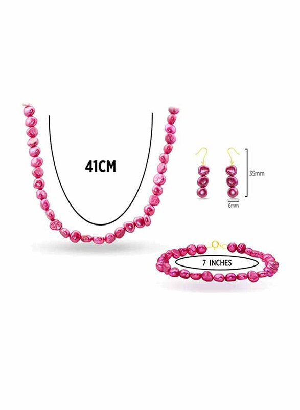 Vera Perla 3-Pieces 10K Gold Strand Jewellery Set for Women, with 41cm Necklace, Bracelet and Earrings, with Pearl Stones, Pink