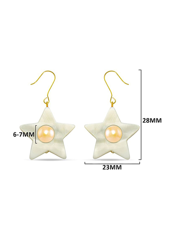 Vera Perla 18K Solid Yellow Gold Simple Dangle Earrings for Women, with Star Shape Mother of Pearl and 6-7mm Pearl Stone, White/Gold/Peach