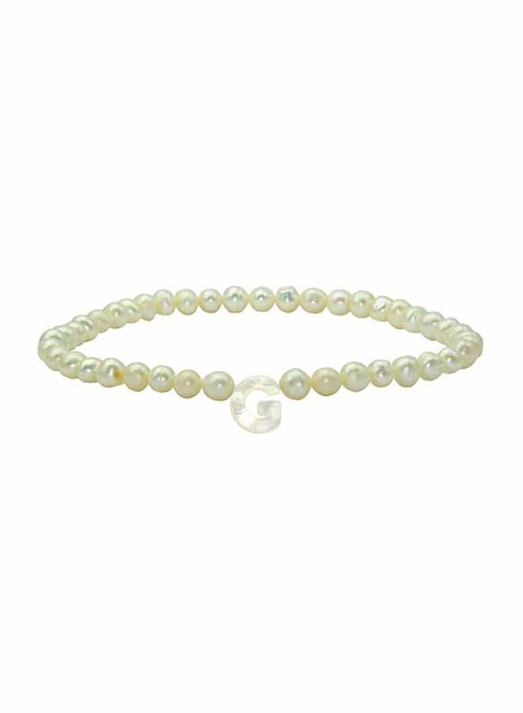 Vera Perla Elastic Stretch Bracelet for Women, with Letter G Mother of Pearl and Pearl Stone, White