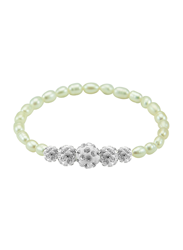 Vera Perla Strand Elastic Beaded Bracelet for Women with Gradual Crystal Ball & Pearls, White
