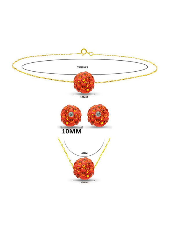 Vera Perla 3-Pieces 18K Solid Yellow Gold Simple Pendant Necklace, Bracelet and Earrings Set for Women, with 10mm Crystal Ball, Orange/Gold