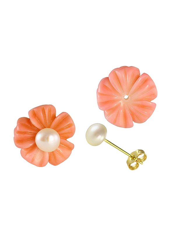 Vera Perla 18K Yellow Gold Ball Earrings for Women, with Coral Flower Shape Pearl Stone, Gold/Orange/White