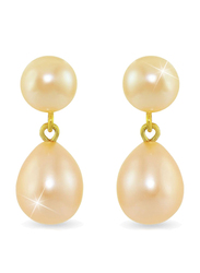 Vera Perla 18K Yellow Gold Dangle Earrings for Women, with 7mm Genuine Pearl Stone, Beige/Gold
