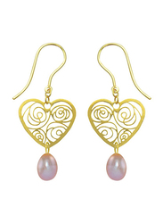 Vera Perla 18K Solid Yellow Gold Heart Dangle Earrings for Women, with 7mm Drop Pearl Stone, Purple/Gold