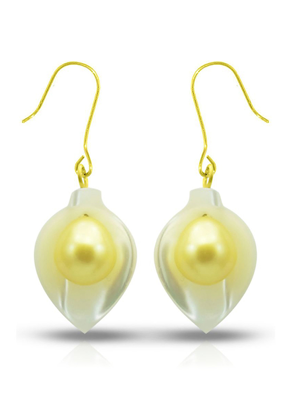 Vera Perla 18K Gold Dangle Earrings for Women, with Calla Lily Shape Mother of Pearl and Pearls Stone, White/Yellow/Gold
