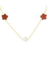 Vera Perla 10K Gold Chain Necklace for Women, with Star Sunstone and Pearl Stones, Gold/White/Brown