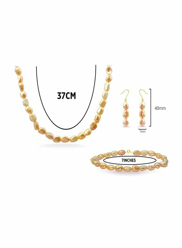 Vera Perla 3-Pieces 18K Gold Jewellery Set for Women, with Necklace, Bracelet and Earrings, with Pearl Stones, Rose Gold