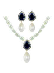 Vera Perla 2-Piece 18K Gold Jewellery Set for Women, with Necklace and Earrings, with 0.36ct Diamond, Royal Indian Sapphire and Pearls Stone, Blue/White