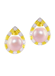 Vera Perla 18K Solid Gold Simple Balls Earrings for Women, with 0.16 ct Diamonds and 7mm Pearl Stone, Gold/Silver/Pink