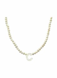 Vera Perla 18K Gold Strand Pendant Necklace for Women, with Letter C and Mother of Pearl Stones, White