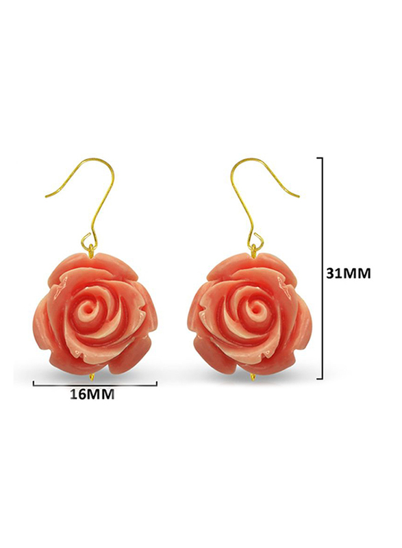 Vera Perla 18K Solid Yellow Gold Dangle Earrings for Women, with Rose Carved, Pink/Gold