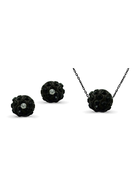 Vera Perla 2-Pieces 18K Solid Black Gold Jewellery Set for Women, with Necklace and Earrings, with 10 mm Crystal Ball, Black