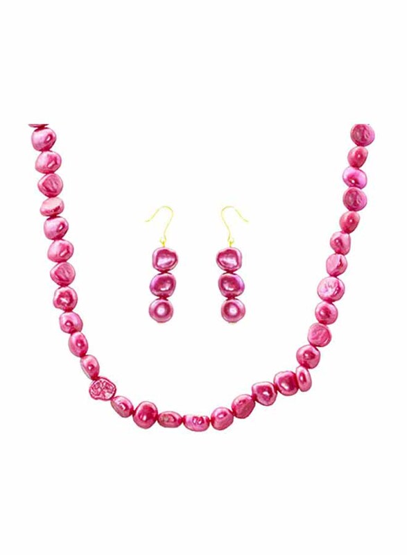 Vera Perla 2-Pieces 18K Gold Strand Jewellery Set for Women, with Necklace and Earrings, with Pearl Stones, Pink