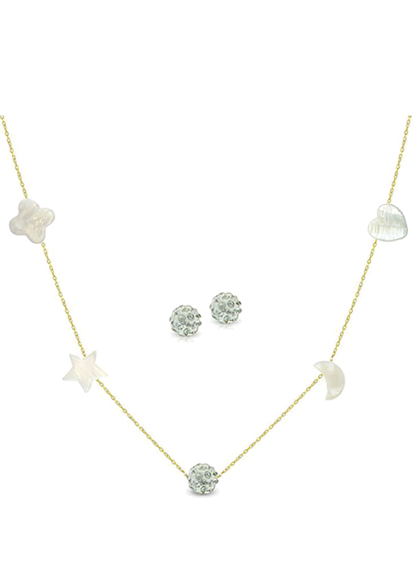 Vera Perla 3-Pieces 10k Gold Strand Jewellery Set for Women, with Necklace, Bracelet and Earrings, with Gradual Built In Mother of Pearl Stone and Crystal Ball, Gold/White