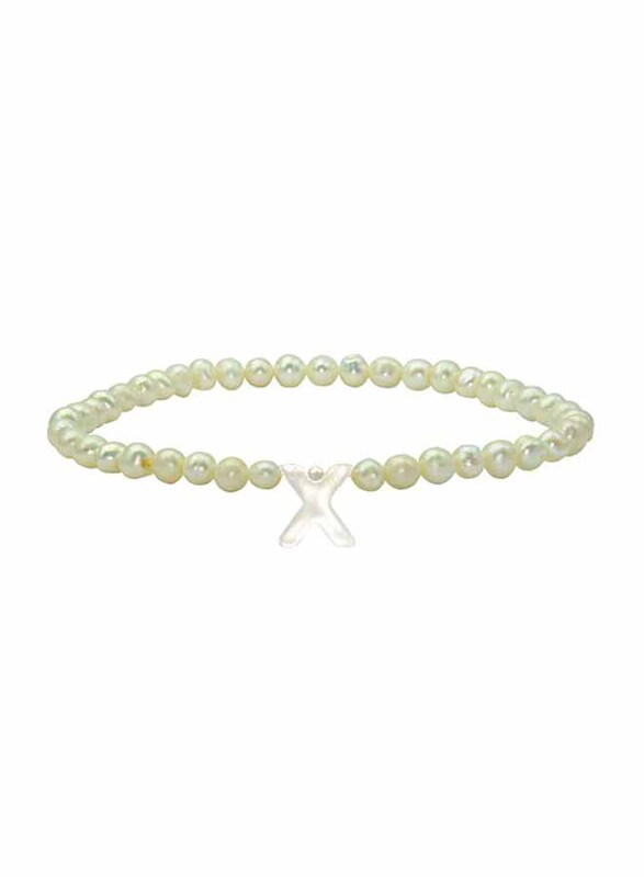 Vera Perla Elastic Stretch Bracelet for Women, with Letter X Mother of Pearl and Pearl Stone, White