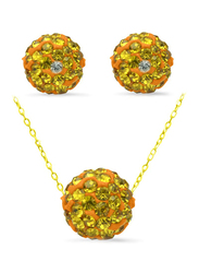 Vera Perla 2-Pieces 10K Solid Gold Jewellery Set for Women, with Necklace and Earrings, with 10 mm Crystal Ball, Gold/ Green/Orange