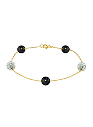 Vera Perla 18K Solid Gold Chain Bracelet for Women, with Gradual Built-in Crystal Ball and Pearl Stone, Gold/Black/Clear