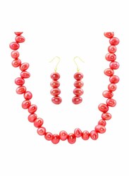 Vera Perla 2-Pieces 18K Gold Strand Jewellery Set for Women, with Necklace and Earrings, with Pearl Stones, Red