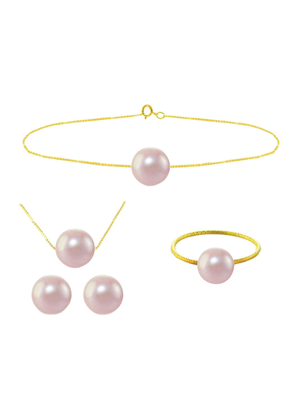 Vera Perla 4-Pieces 18K Solid Yellow Gold Jewellery Set for Women, with Necklace, Bracelet, Earrings and Ring, with 8mm Pearl Stones, Gold/Purple