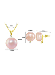 Vera Perla 2-Pieces 18K Gold Pendant Necklace, Earrings Set for Women, with 0.06ct Diamonds and 9-10 mm Pearls Stone, Pink