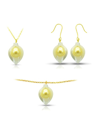 Vera Perla 3-Pieces 18K Gold Jewellery Set for Women, with Necklace, Earrings and Bracelet, with Calla Lily Shape Mother of Pearl, with Pearls Stone, White/Gold