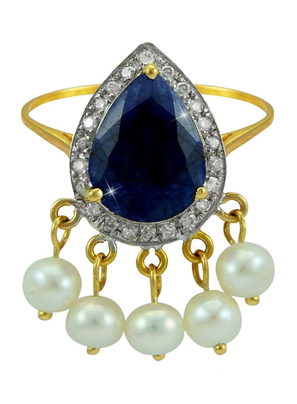 Vera Perla 18K Gold Dangle Ring for Women, with 0.12 ct Diamonds and Royal Indian Sapphire Stone, Blue/Gold/White, US 5.5