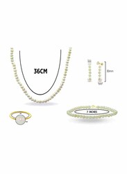 Vera Perla 4-Pieces 10K Gold Jewellery Set for Women, with Necklace, Bracelet, Ring and 30mm Earrings, with Pearl Stones, White