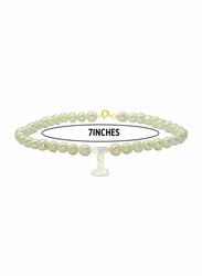 Vera Perla 18K Gold Strand Beaded Bracelet for Women, with Letter I Mother of Pearl and Pearl Stone, White