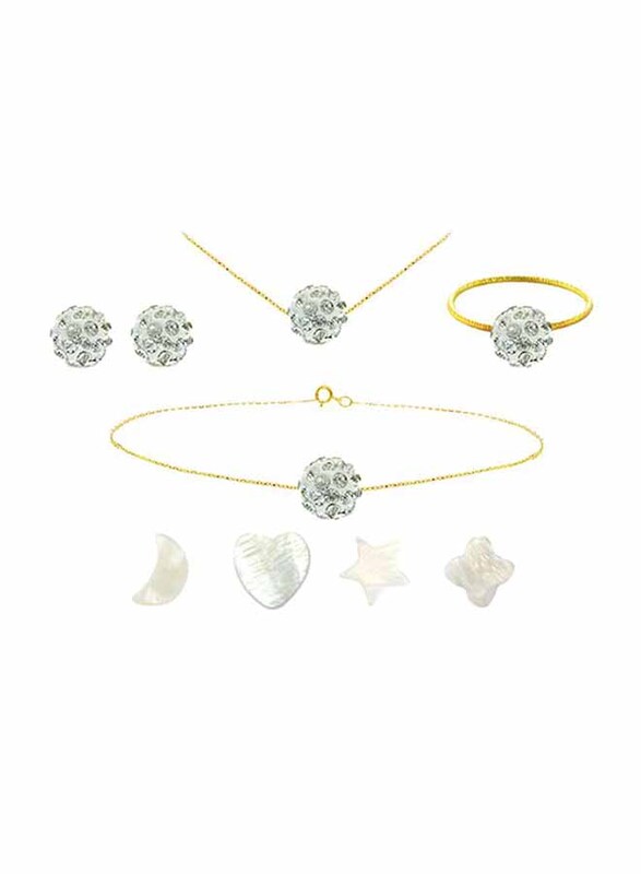 Vera Perla 4-Pieces 18k Solid Yellow Gold Jewellery Set and 4-Pieces Charm Set for Women, with 10mm Crystal Ball Stone, Gold/Clear