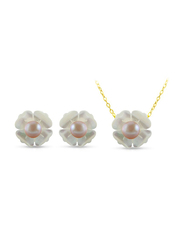 Vera Perla 2-Pieces 18K Solid Yellow Gold Jewellery Set for Women, with Necklace and Earrings, with 13mm Mother of Pearl Flower Shape, with 4 mm Pearl Stones, Gold/Jade/Purple