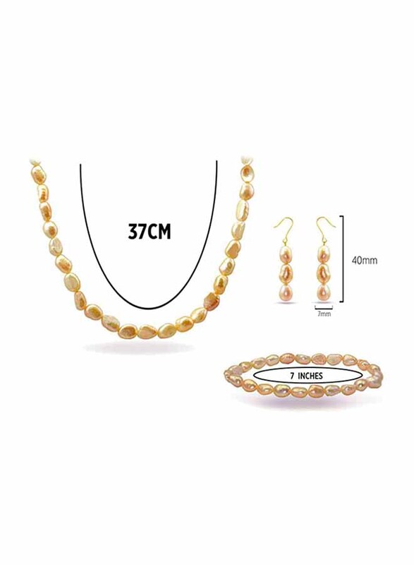 Vera Perla 3-Pieces 10K Gold Jewellery Set for Women, with 37cm Necklace, Bracelet and Hoop Earrings, with Pearl Stones, Rose Gold