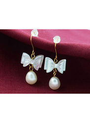Vera Perla 10K Gold Dangle Earrings for Women, with Bow Shape Mother of Pearl and Pearl Stone, White/Gold