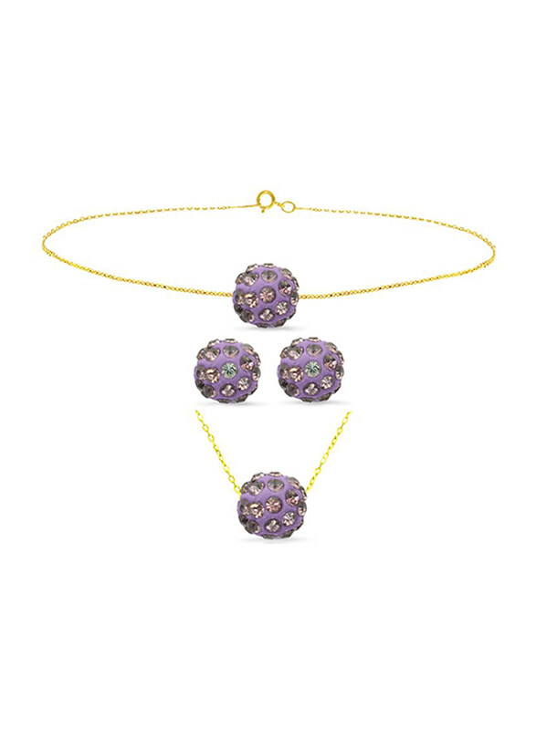 

Vera Perla 3-Pieces 18K Solid Yellow Gold Simple Pendant Necklace, Bracelet and Earrings Set for Women, with 10mm Crystal Ball, Purple/Gold