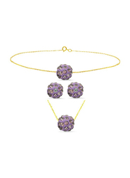 Vera Perla 3-Pieces 18K Solid Yellow Gold Simple Pendant Necklace, Bracelet and Earrings Set for Women, with 10mm Crystal Ball, Purple/Gold