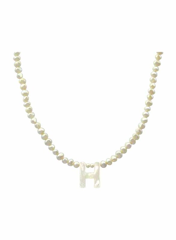 Vera Perla 10K Gold Strand Pendant Necklace for Women, with Letter H and Pearl Stones, White